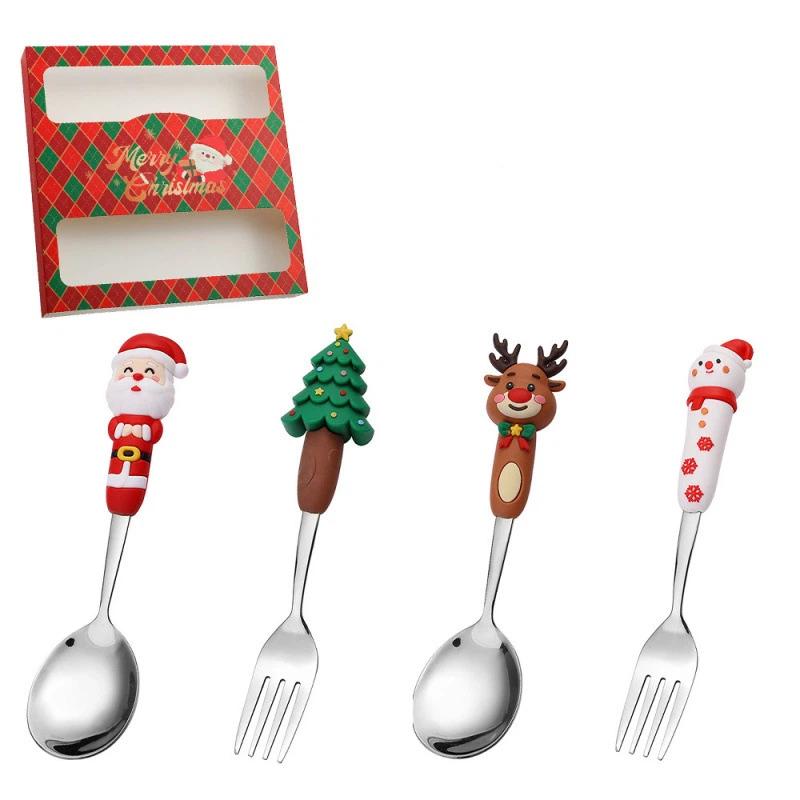 Рождественский набор ложек Креативный набор посуды Мультяшная рождественская елка Десертная ложка Вилка Подарочная коробка
