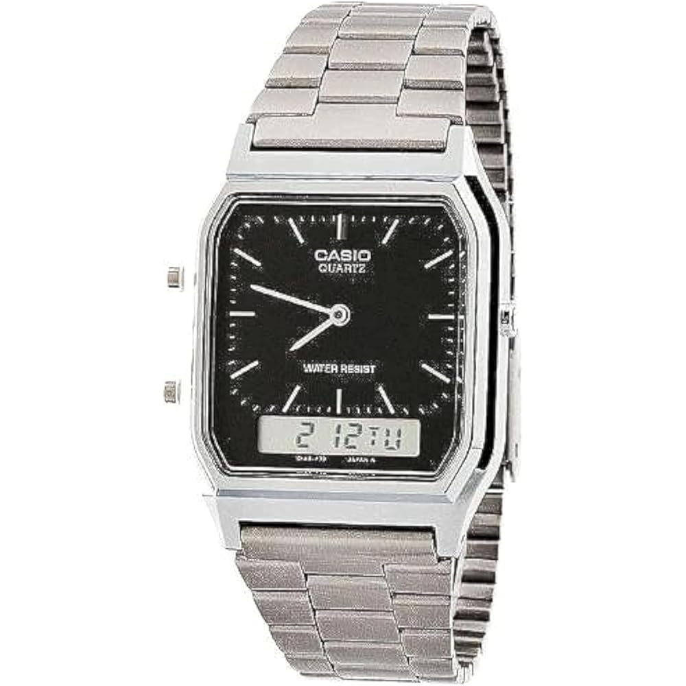 Casio AQ-230A-1D Silver and Black Dual Time Watch Silver Case Black Dial One Size