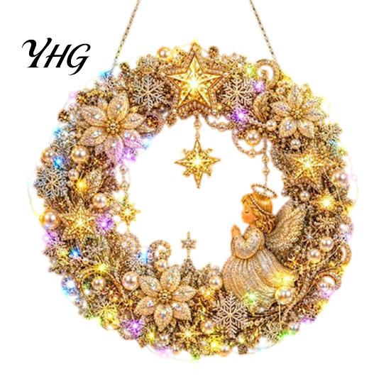 Sparkling Gemstone Art Project DIY Acrylic Christmas Faux Pearl Hanging Kit, Lighted Wreath 3D Beaded Craft Bead Mosaic Kit with LED String