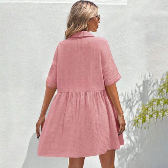 Женское платье-рубашка с коротким рукавом, лацканами, V-образным вырезом, на пуговицах, расклешенное