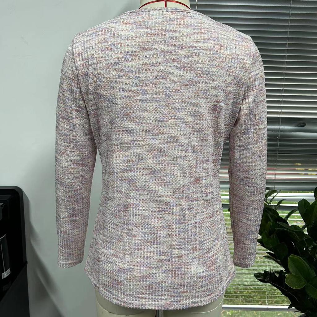 Осенние топы с длинным рукавом футболка повседневная пуговицы V-образный вырез свитера женская одежда