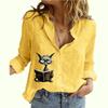 Women Fashion Buttoned Shirt Spring&summer Thin Cotton Linen Top Casual Cat Print Long Sleeved Blouse