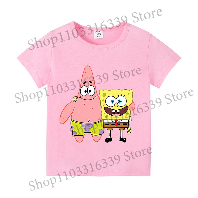 SpongeBob SquarePants Children Short Sleeved Cartoon Anime T-shirt Birthday Tops Boy Girl Summer Fashion Tees Kids Clothes Gift