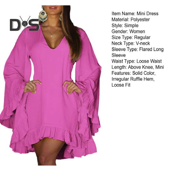 Женское мини-платье с v-образным вырезом и длинными рукавами, однотонное повседневное короткое платье с рюшами и подолом