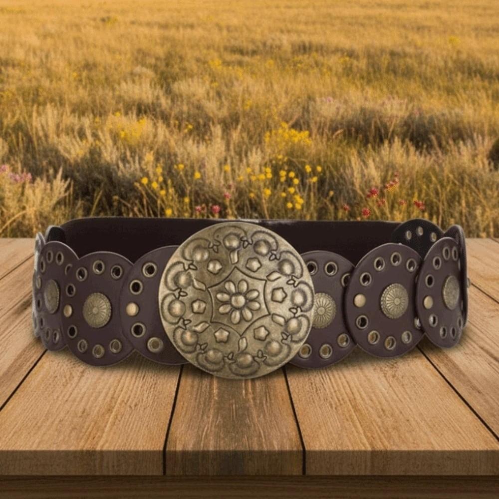 Zinc Zinc Alloy Ethnic Style Rivet Belt Y2K Disc PU Hollow Waistband Vintage Concho Wide Belt  Waist Seal