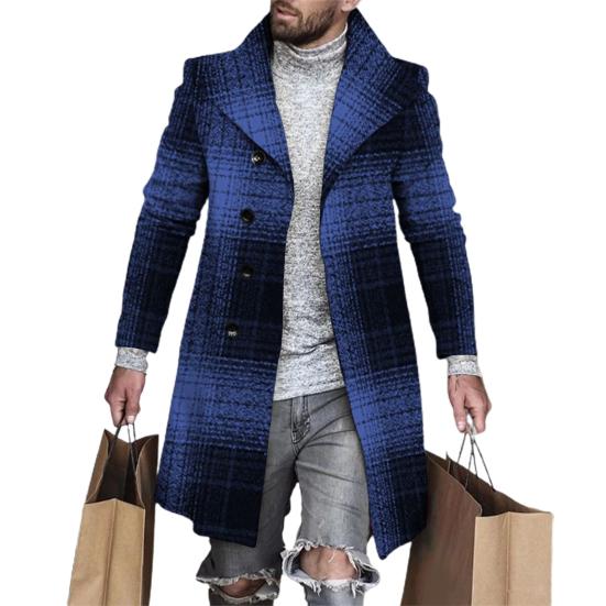 Lapel Long Sleeves Pockets Single-breasted Men Windbreaker Autumn Winter Mid-Length Plaid Patchwork Thickened Woolen Coat