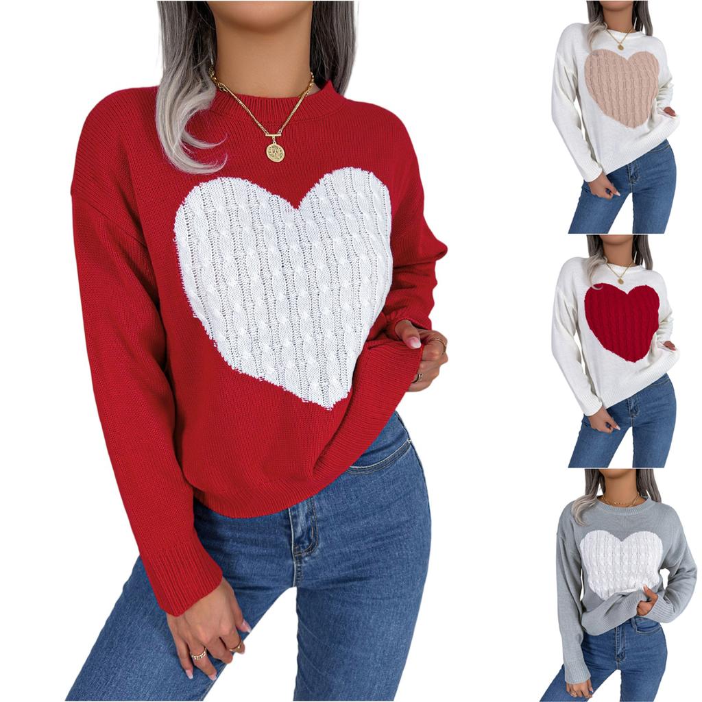 Women's Fashionable Round Neck Long Sleeved Heart-shaped Color Blocked Pullover Sweater Casual Top