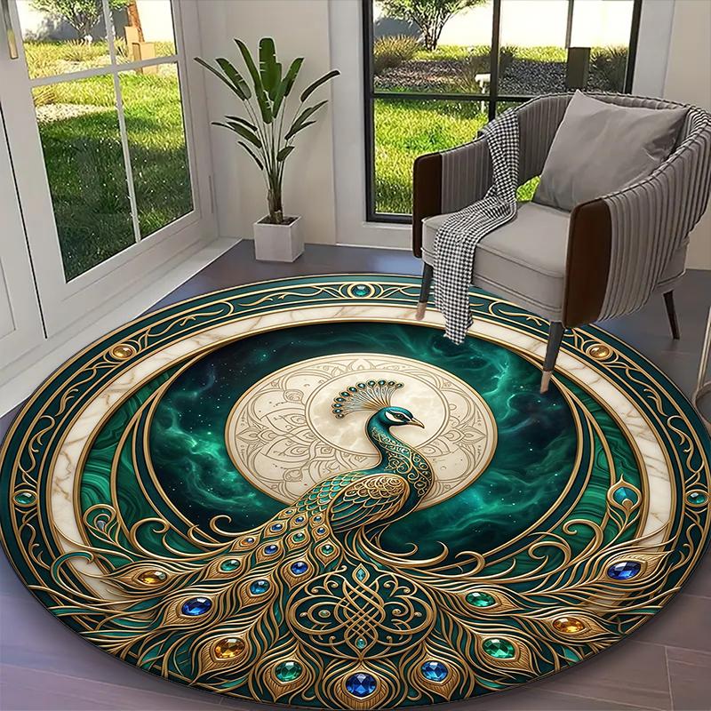 1pc Ornate Peacock Radiance Printed Chair Rug for Home Office Use, Living Room Kitchen Game Room Round Carpet