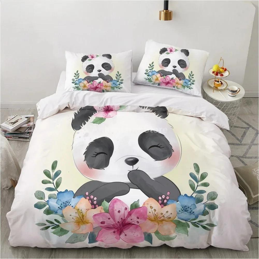 Cartoon Panda 3D Print Bedding Set White Kids Girls Duvet Cover Gift - 2/3pcs Twin Single Queen King Sizes Available