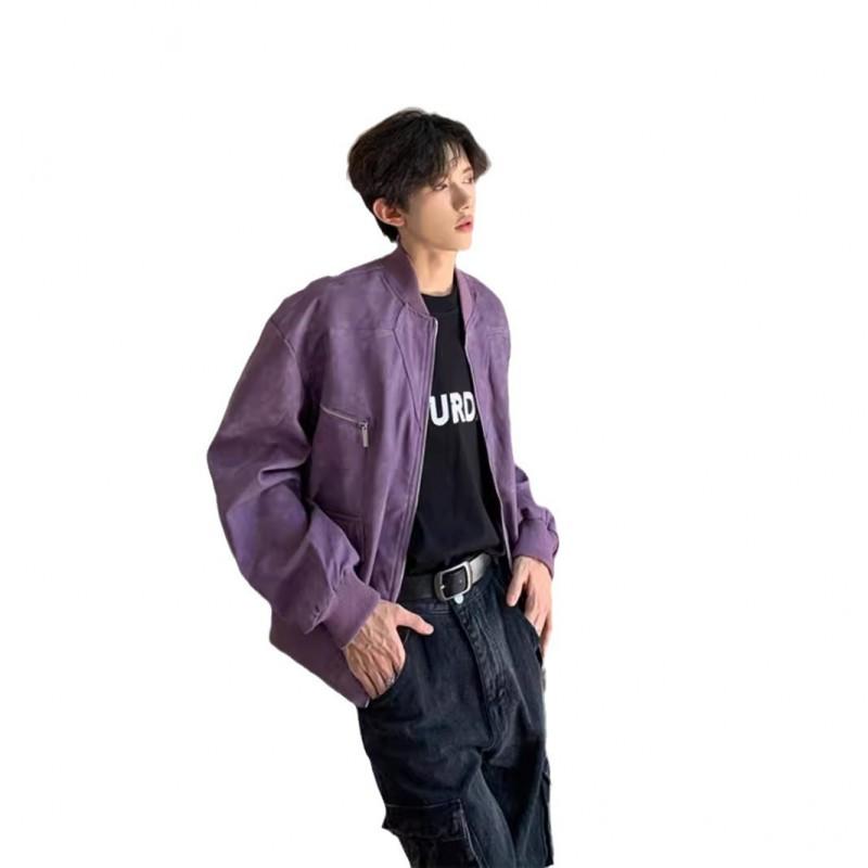 Mens PU Leather Flight Jacket Loose Fit Zipper Streetwear Purple Black