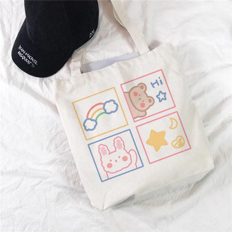 Shopping Bags Women Sweet Kawaii Bear Printed Canvas Daily College Handbag Harajuku Korean Style All-match Female Shopper Bag