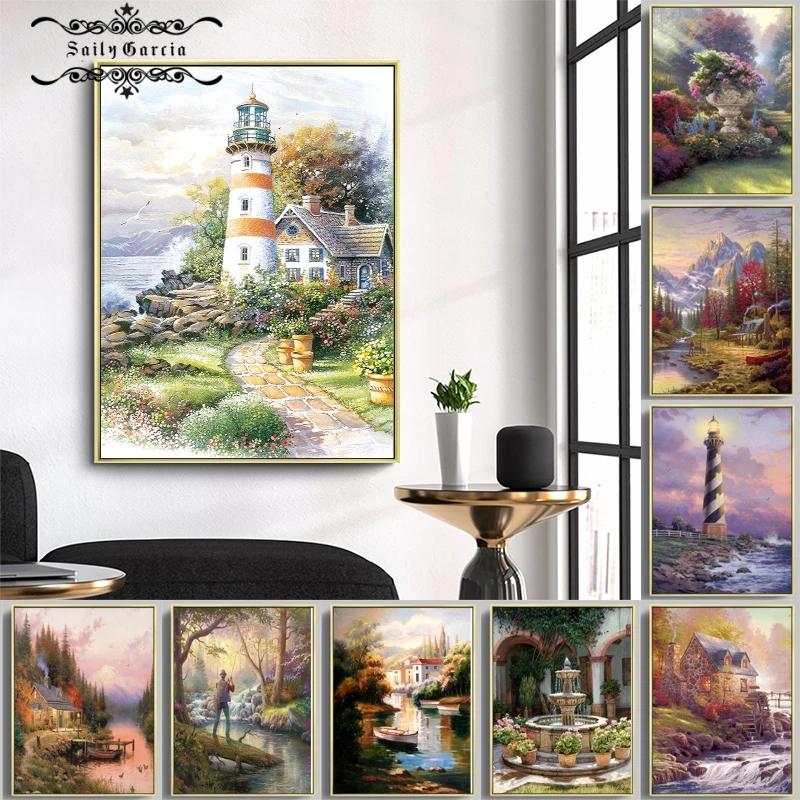 American Oil Painting Pastoral Landscape Canvas Poster Sea View Lighthouse Architectural Pictures Forest House Flower Home Decor
