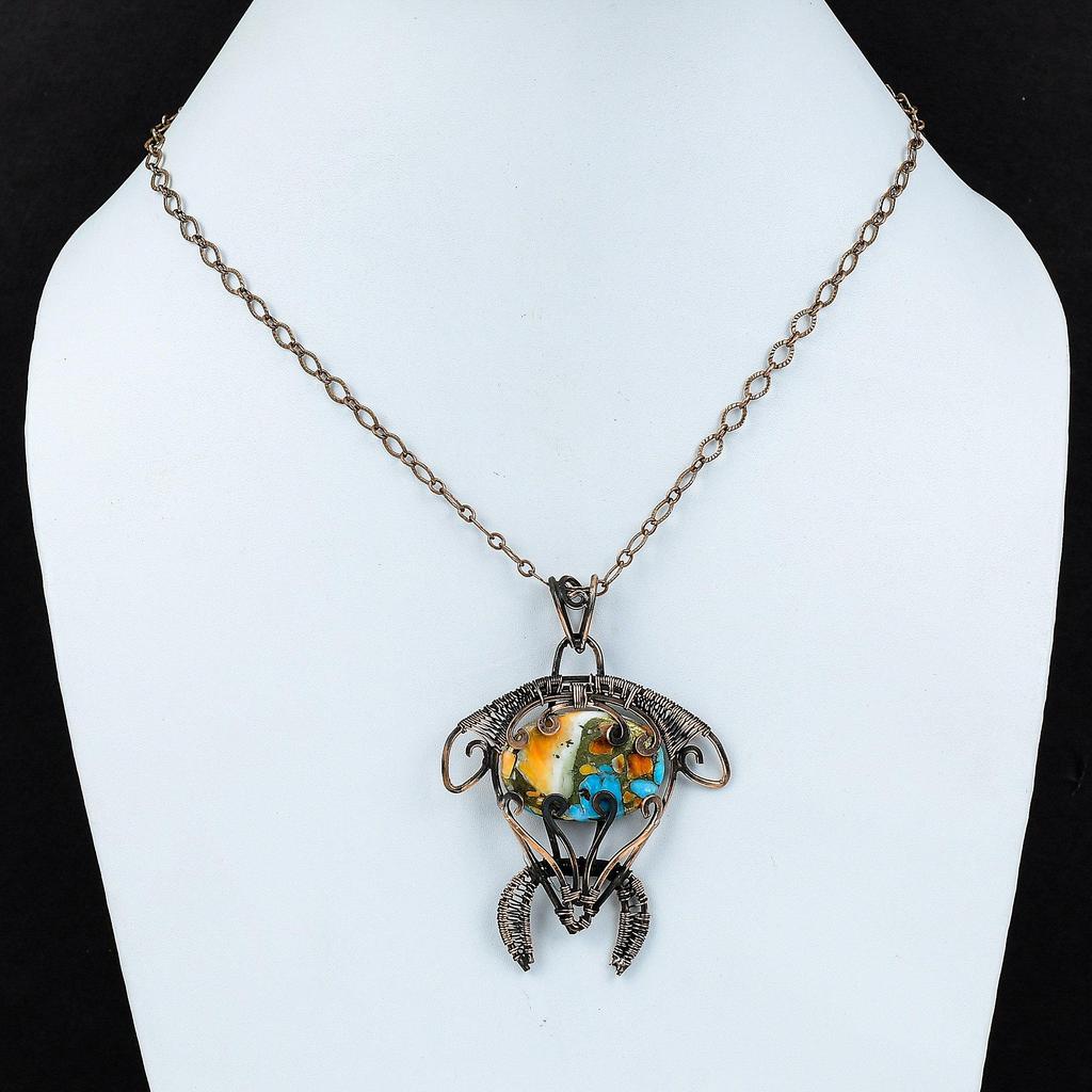 Колючая устрица, медный бирюзовый кулон, медная проволока, кулон, кулон ручной работы с драгоценным камнем, медные украшения, подарок на помолвку, кулон в виде черепахи