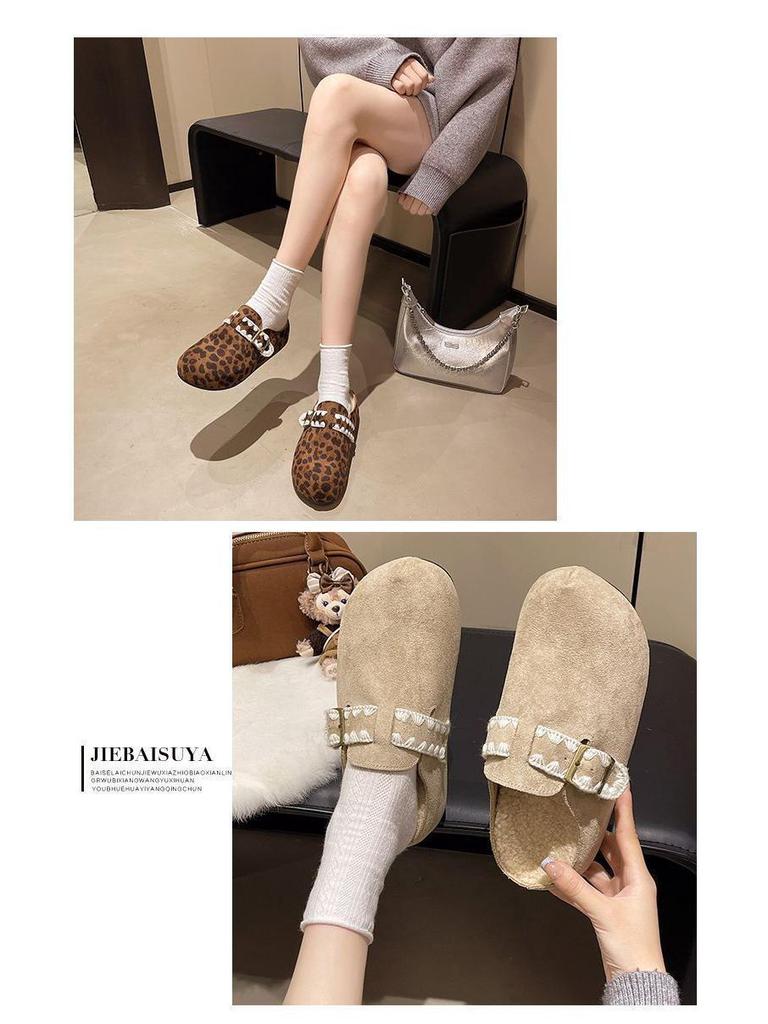 Женские ретро-тапочки Birkenstock с толстой подошвой, флисовой подкладкой и меховым круглым носком для осени/зимы.