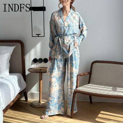 INDFS Женская Мода Повседневные Весенне-Осенние Блузки и Рубашки с Длинным Рукавом и Воротником ПОЛО Брюки Костюмы