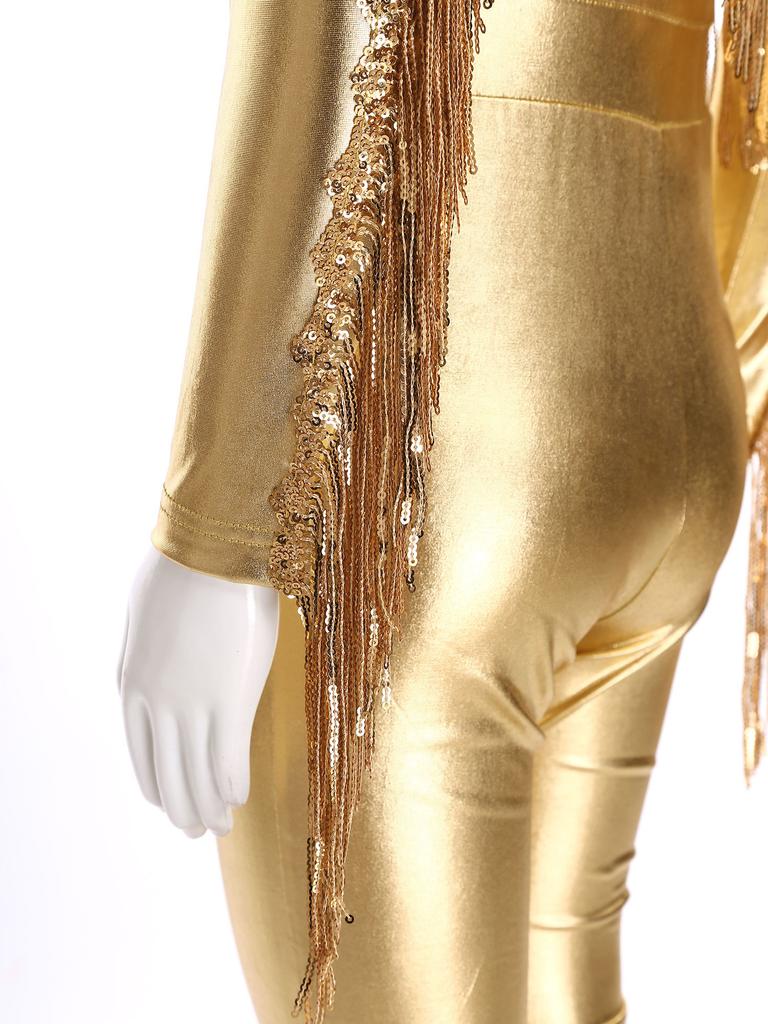 Девочки: Комбинезон для конкурса и сцены: Металлический блестящий комбинезон с открытыми плечами, с пайеточными кисточками и расклешенными штанинами для диско