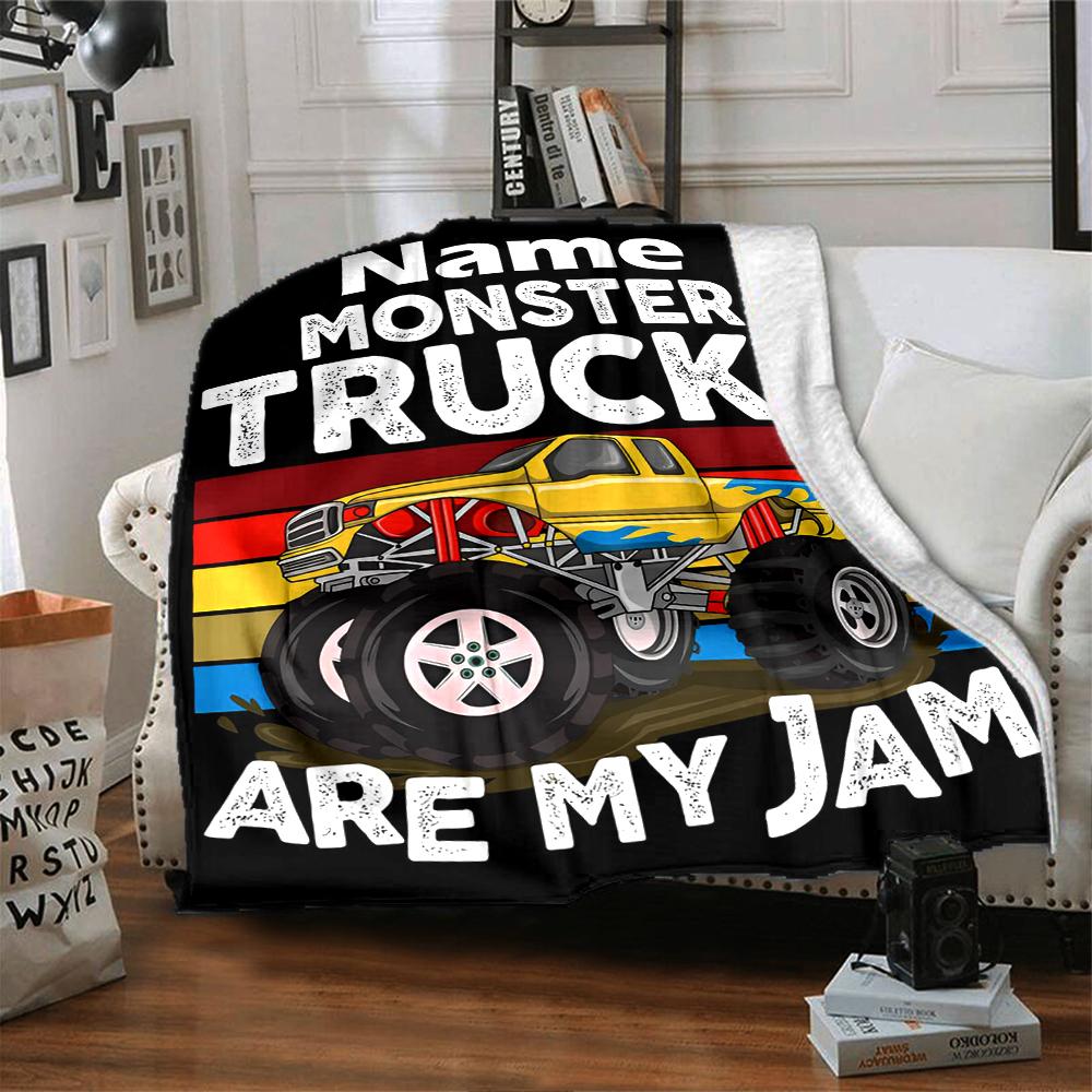 Custom Name Truck Theme Printed Blanket - Perfect for Couch, Bed, Travel & Outdoor Use | Machine Washable, Cozy & Durable.