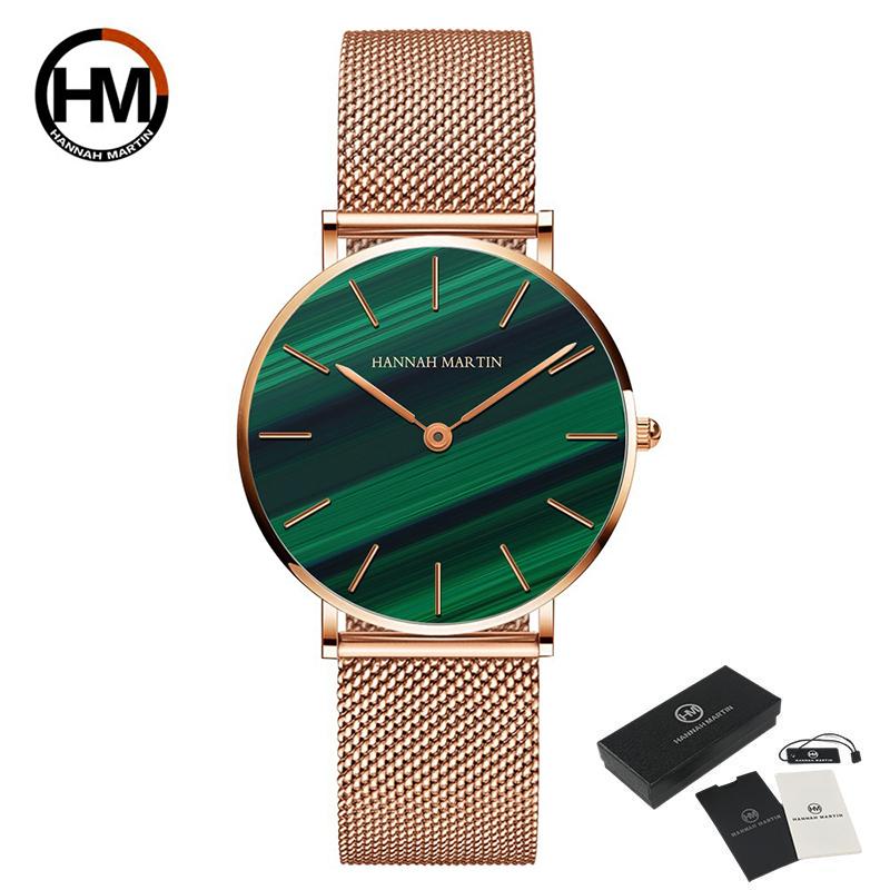 Hannah Martin Women Watches Fashion Quartz Movement Relogio Feminino Emerald Rose Gold Waterproof WristWatches
