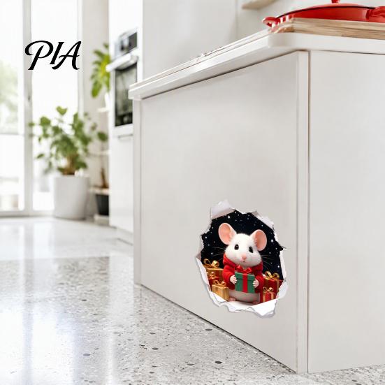 Christmas Mouse Wall Decals 3D Hole Illusion Sticker, Peel And Stick Waterproof PVC Realistic Gift Stickers Decal for Window Glass, Festive