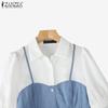 ZANZEA Women Casual Turn Down Collar Patchwork Short Sleeve Blouse