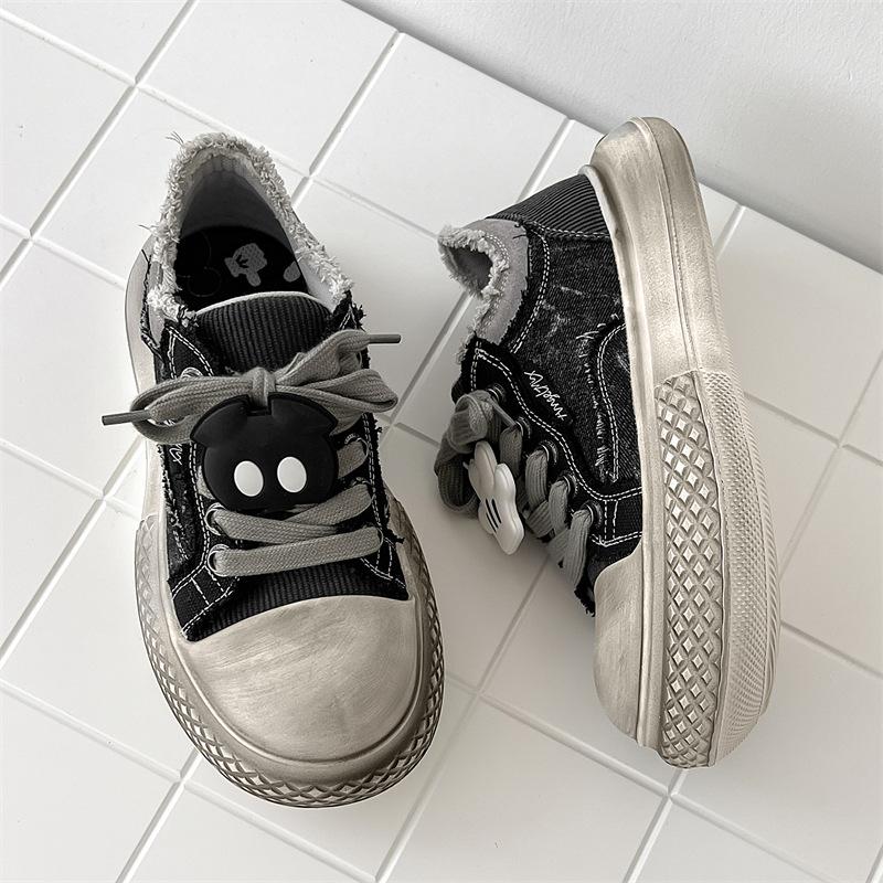 Темные парусиновые туфли Микки женские новые универсальные спортивные и повседневные кеды на утолщенной подошве, уродливые милые туфли с большой головой