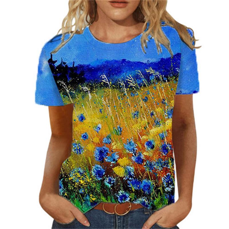 Летняя женская футболка с цветочным 3d принтом, женские модные футболки с цветочным узором, новые эстетические топы, футболка большого размера для девочек