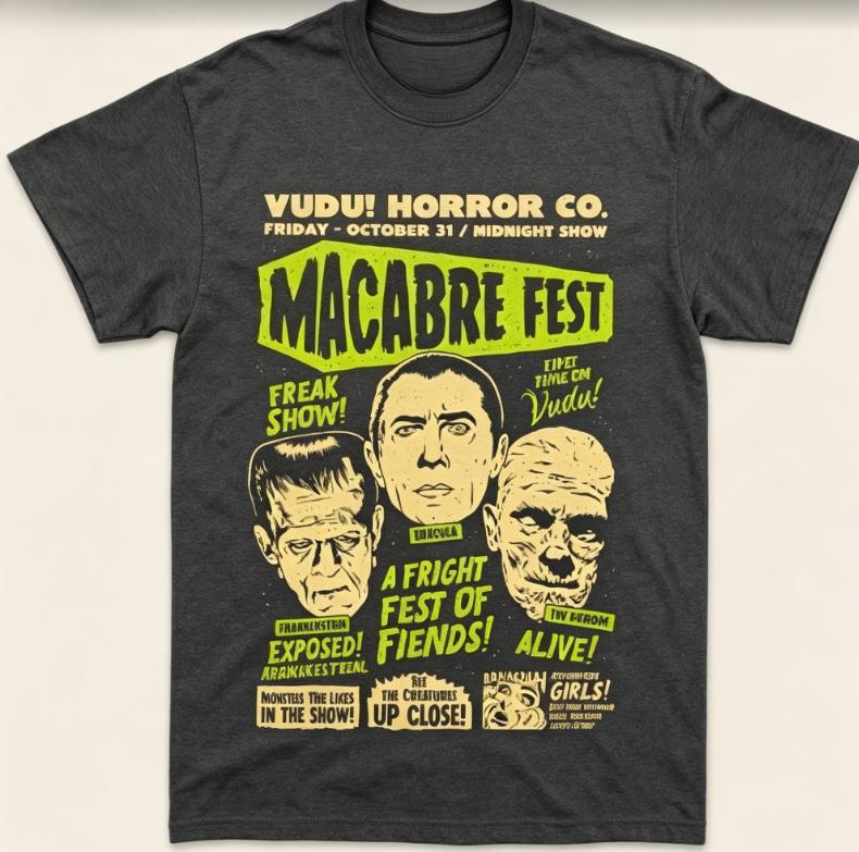Roundneck vintage horror festival monster poster design suitable for both Unisex and Women Pure cotton shortsleeved Tshirt