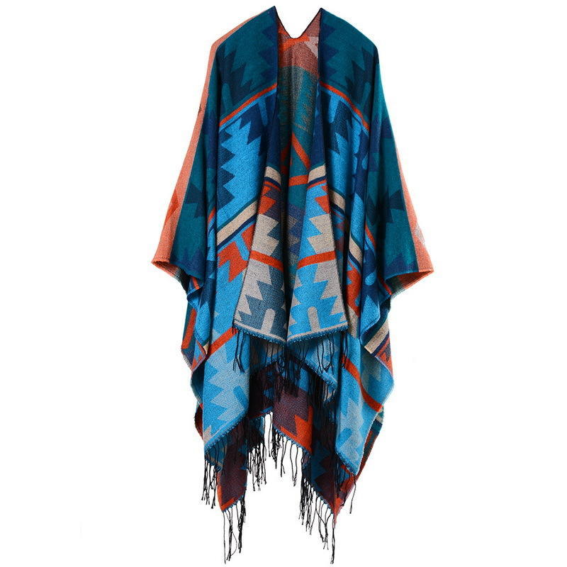 DX Indian Geometric Rhombus Lengthened and Thickened Imitation Cashmere Explosion Ethnic Style Travel Split Shawl Cape