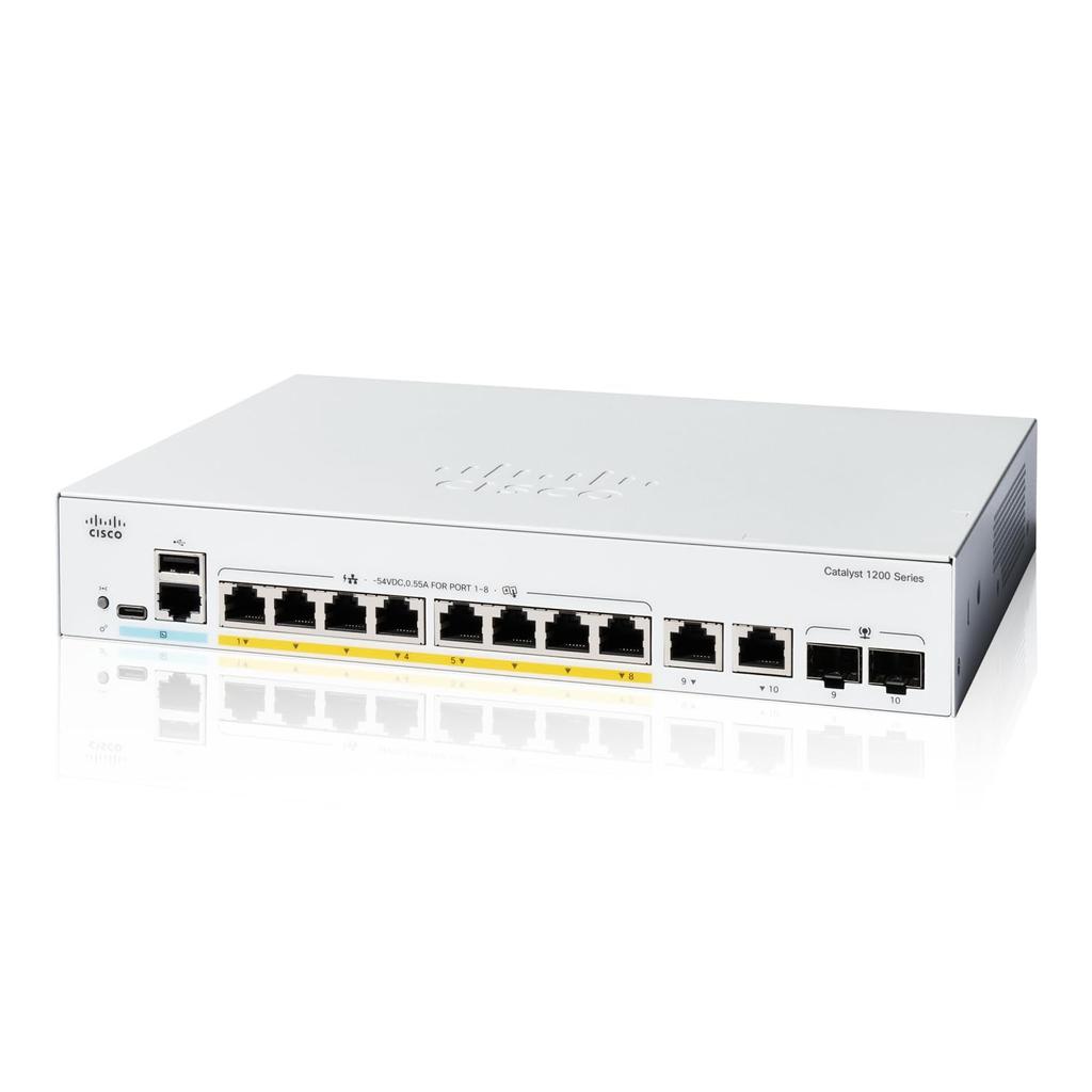 Cisco Systems Cisco Catalyst Smart Switch 8 Port GE PoE Ext PS 2x1GE Combo Metal Corps Бесшумный безвентиляторный для бизнеса (Циско) 1200-8П-Э-2Г