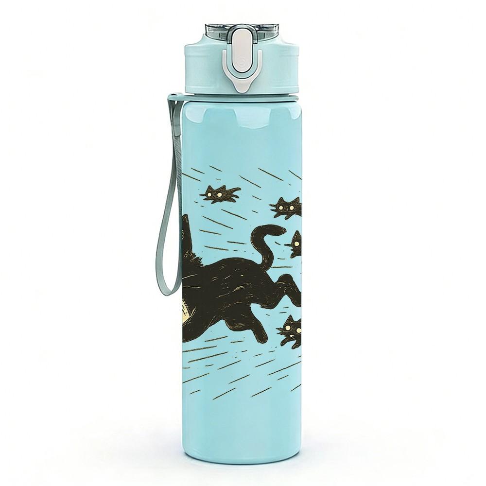 1PC Black Cat Flying Butterfly Layout 750ml Color Plastic Sports Water Bottle Leakproof Flip Straw Lid For Sports Office Home Use