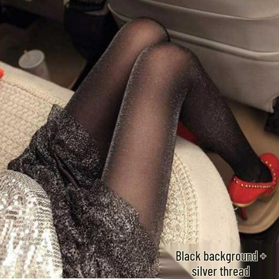 Pearlescent Glitter Lurex Pantyhose - Black, Open Crotch, Plus Size, Ultra-Thin, Sexy Silver Thread, Colorful and Shiny.
