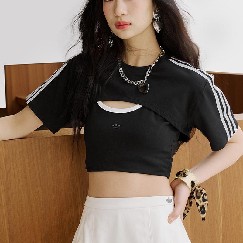 Adidas Оригинальная модная футболка с круглым вырезом, облегающая, с коротким рукавом, женские топы, черная, белая, JD0042