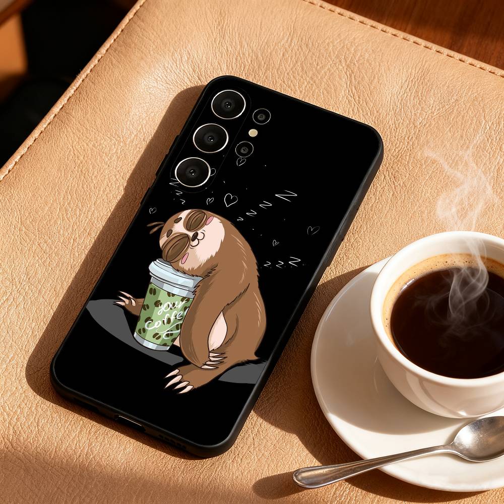 Cute Lazy Sloth Cozy Phone Case For Samsung S26,S25,24,23,22,30,21,10,9,Ultra,Plus,Lite,FE Soft Black Case