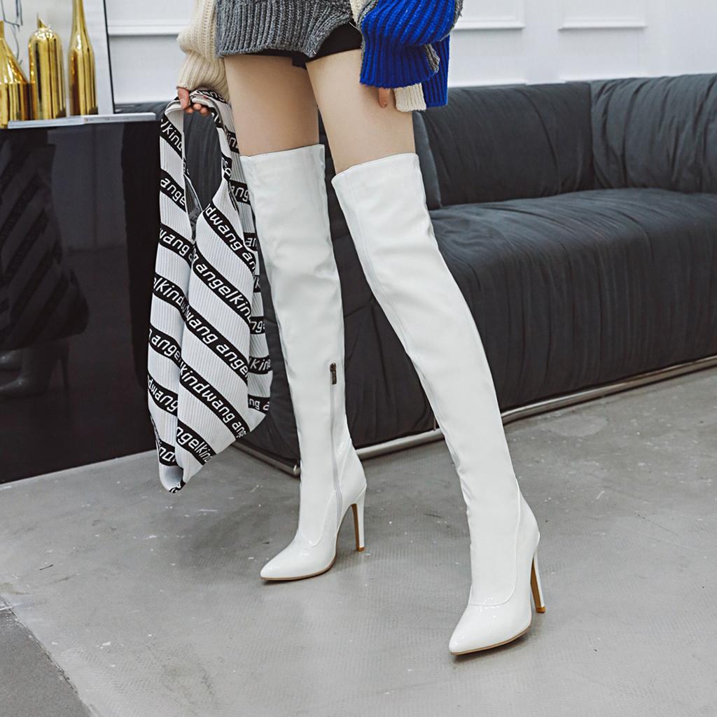 Модные тонкие высокие сапоги женские сексуальные сапоги выше колена на высоком каблуке женские красные черные белые туфли с острым носком танцевальная фетиш-обувь большой размер 45