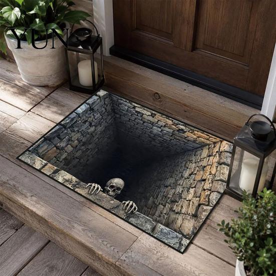Halloween Doormat for Front Porch 3D Entrance Rug, Spooky Skeleton Depth Pattern Non-slip Entry Rug Absorbent Door Mat Bathroom Entryway Durable