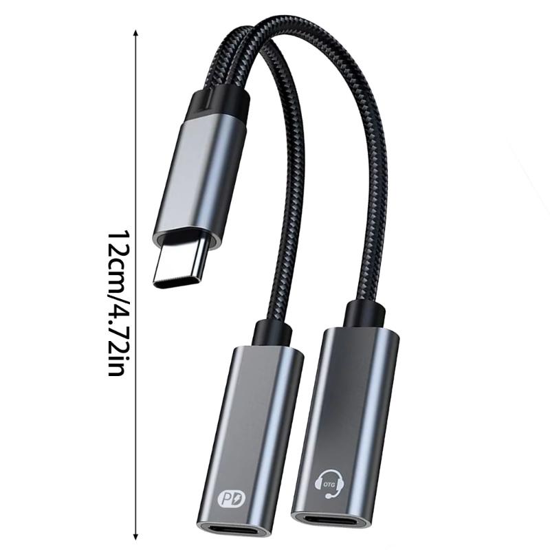 USB C разветвитель 1 в 2 выхода Двойной USB C Адаптер для зарядки наушников Type C Звуковой адаптер PD60W Кабель для быстрой зарядки
