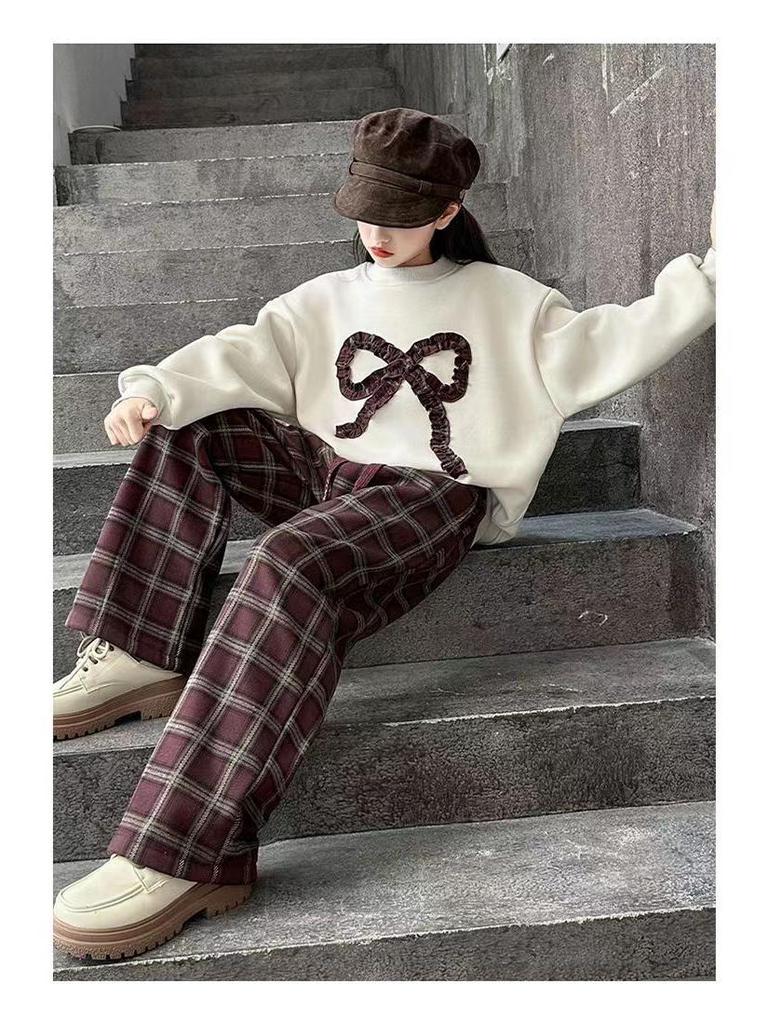 Модный клетчатый брючный костюм для девочек и толстовка с бантом - Осень/Зима 2025