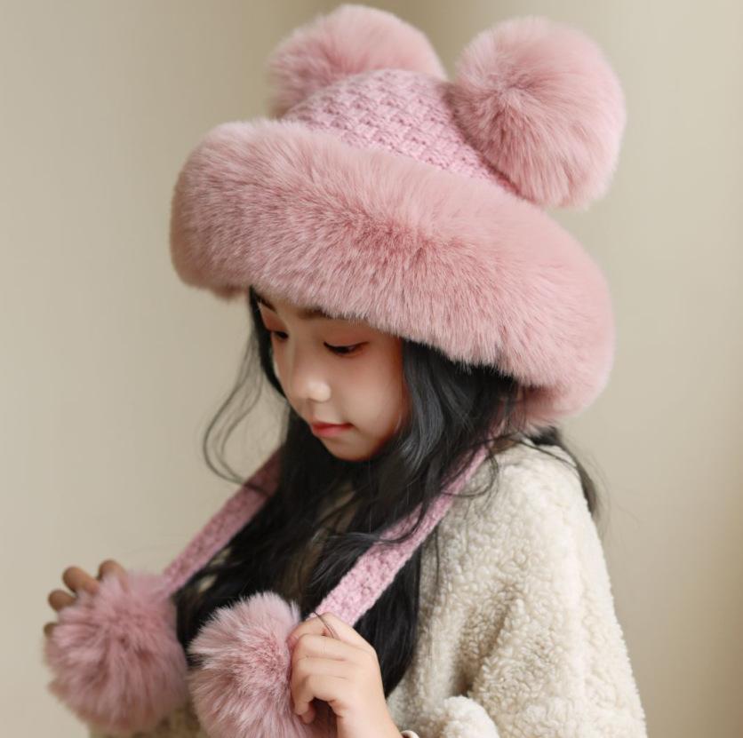 Girls hat winter new outdoor fleece thickened boys ear hat girls warm bucket hat cold hat