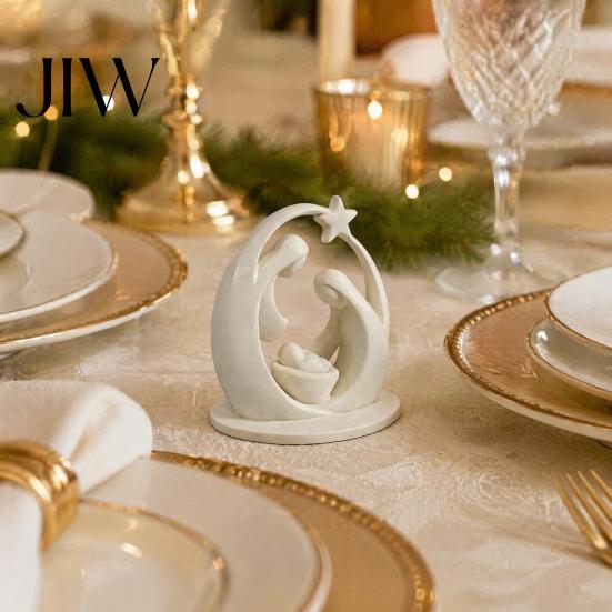 Holy Family Figurine 3D Printed Ornament, Abstract Crescent Sculpture with Statue Star, Religious Desktop Decoration for Christmas Fireplace