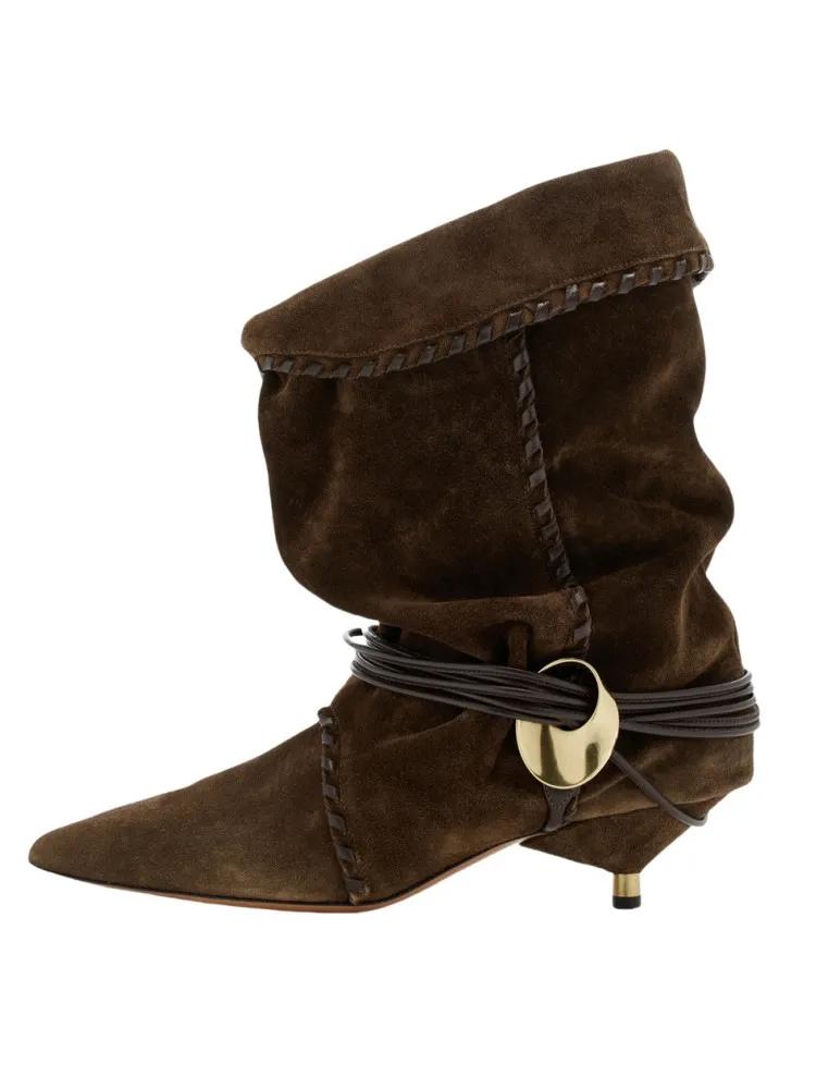 Новые женские европейские и американские остроносые плиссированные ботильоны до икры с бахромой на тонком каблуке 5 см, рыцарские сапоги, ботинки средней длины больших размеров