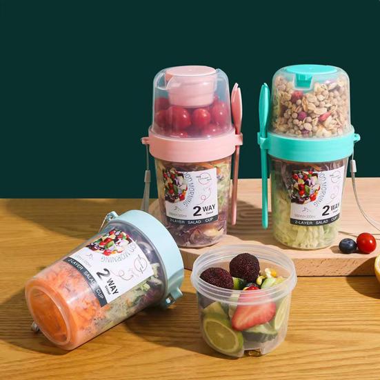Коробка для салата, прозрачная портативная разделенная на два отделения чашка для завтрака, овсянка, хлопья, орехи, йогурт, контейнер с вилкой, школьный ланч-бокс для хранения продуктов