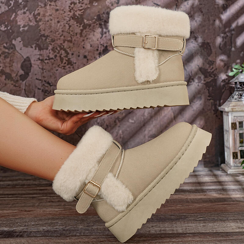 Soft Non Slip Thick Bottom Furry Snow Boots Women 2025 Winter Warm Fluffy Fur Ankle Boots with Platform Metal Buckle Plush Shoes
