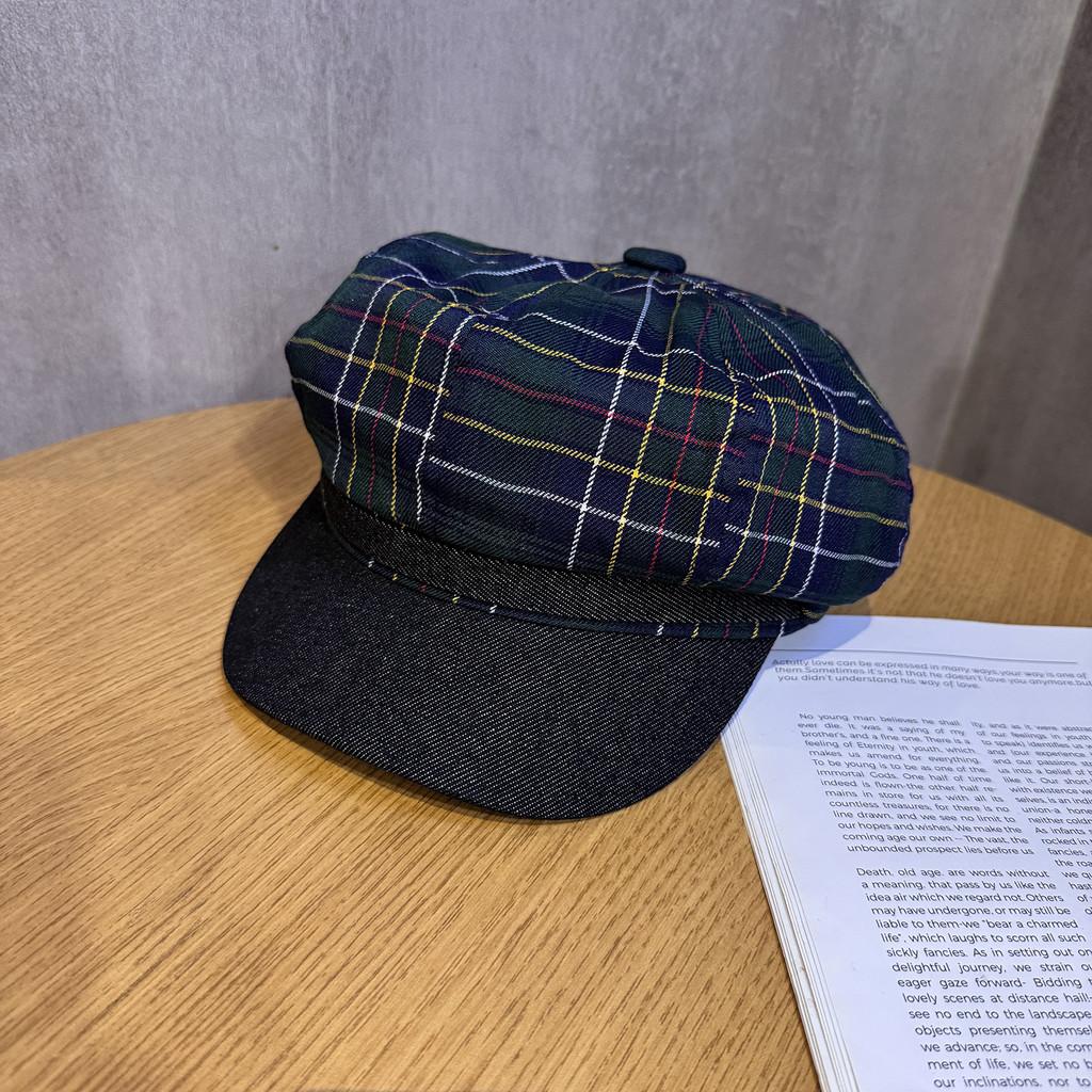 Cotton Retro Twill Spliced Checkered Beret Cap With Curved Brim For Wear Casual