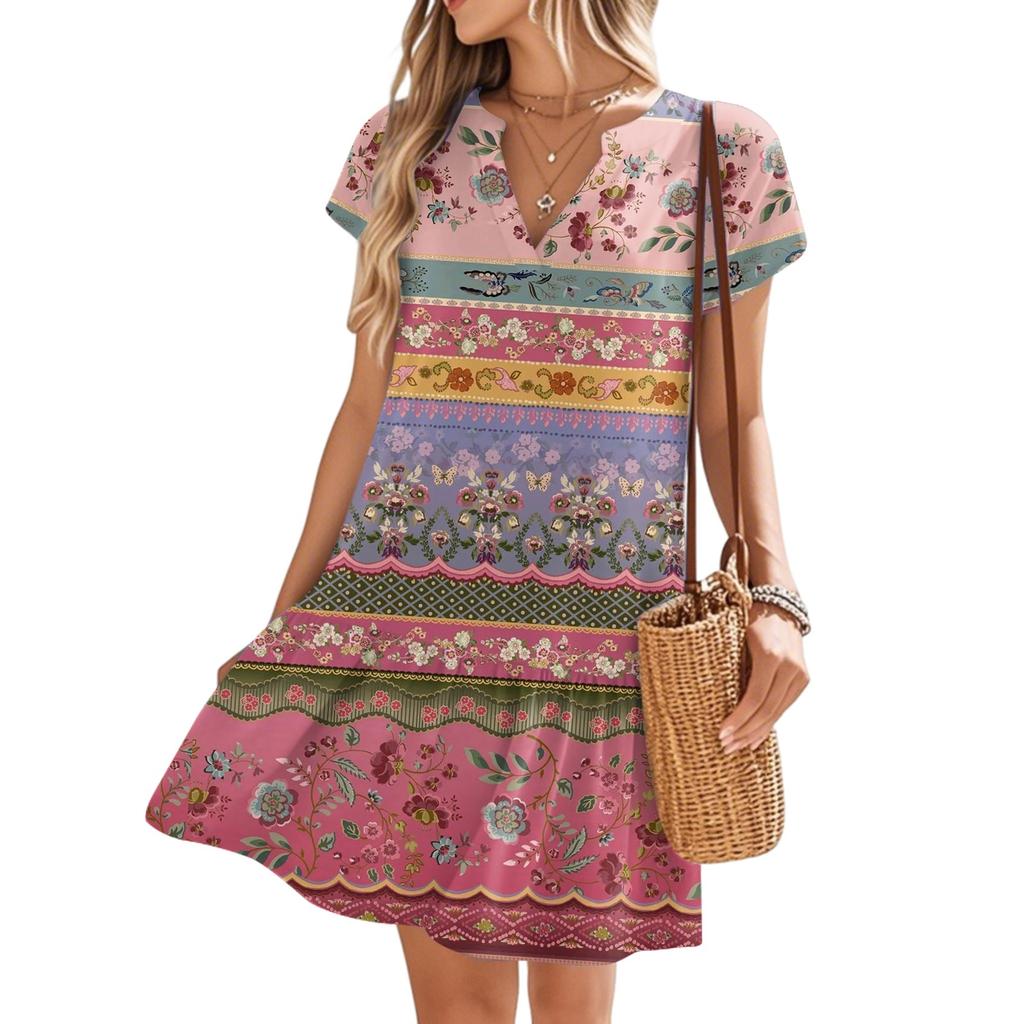 Женские платья с коротким рукавом и V-образным вырезом с цветочным принтом Свободные повседневные пляжные платья в стиле темперамент