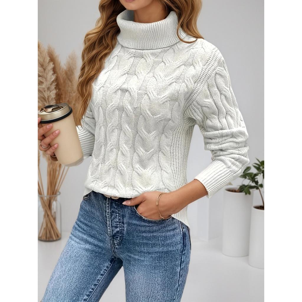 Women's High Collar Sweater - Soft Elastic Pullover, Essential Solid Color Top for Autumn and Winter, Hand Washed, Comfortable and Fitted