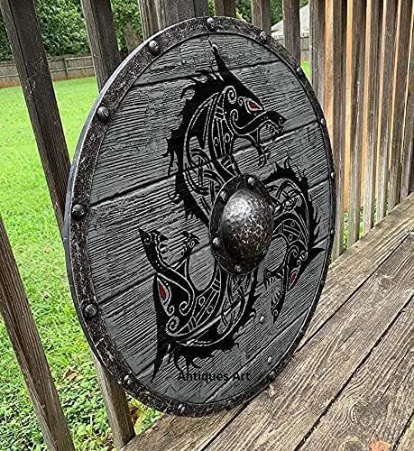 Medieval Era Adult Size 24" Shield Handmade Natural Wood & Iron Battle Play Halloween Warrior Cosplay (Vintage)