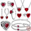 New 925 Sterling Silver Shiny Classic Red Heart-shaped Ring Necklace Bracelet Exquisite Luxury Charm Jewelry Fit DIY Party Gifts