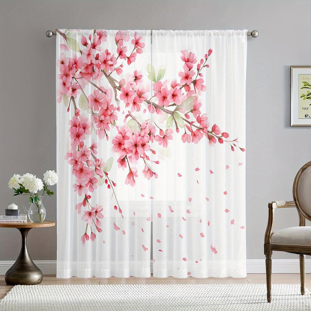 2Pc Cherry Blossom Print Curtains, Polyester Fabric, Machine Washable, Suitable For Bedroom And Living Room Decoration