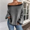 Versatile Knitted Top One-Row Neck Lace-Up Style Sweater Loose Fit Striped Lantern Sleeve Tops