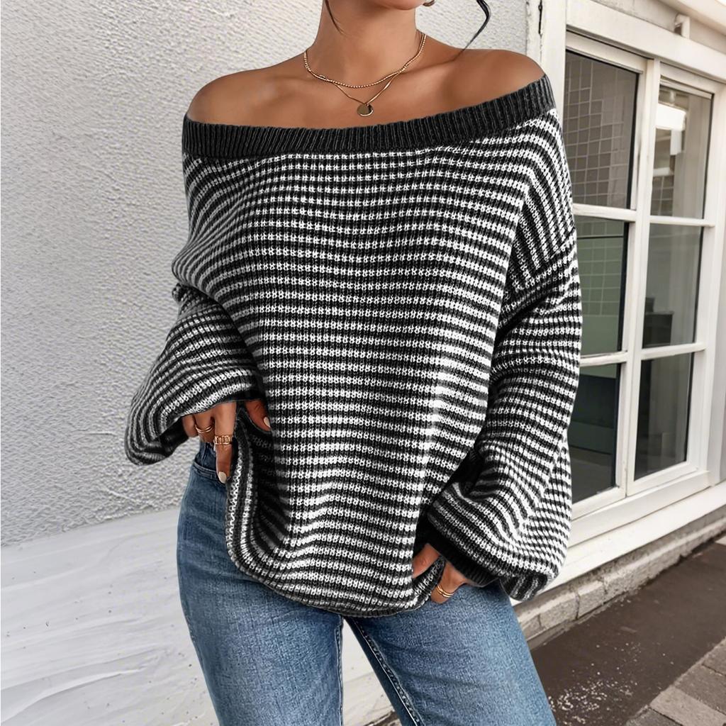 Versatile Knitted Top One-Row Neck Lace-Up Style Sweater Loose Fit Striped Lantern Sleeve Tops